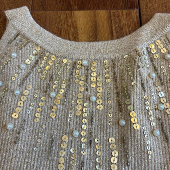Cache Y2K Gold metallic sequin & pearl knit ribbed stretchy sweater - Picture 5 of 5